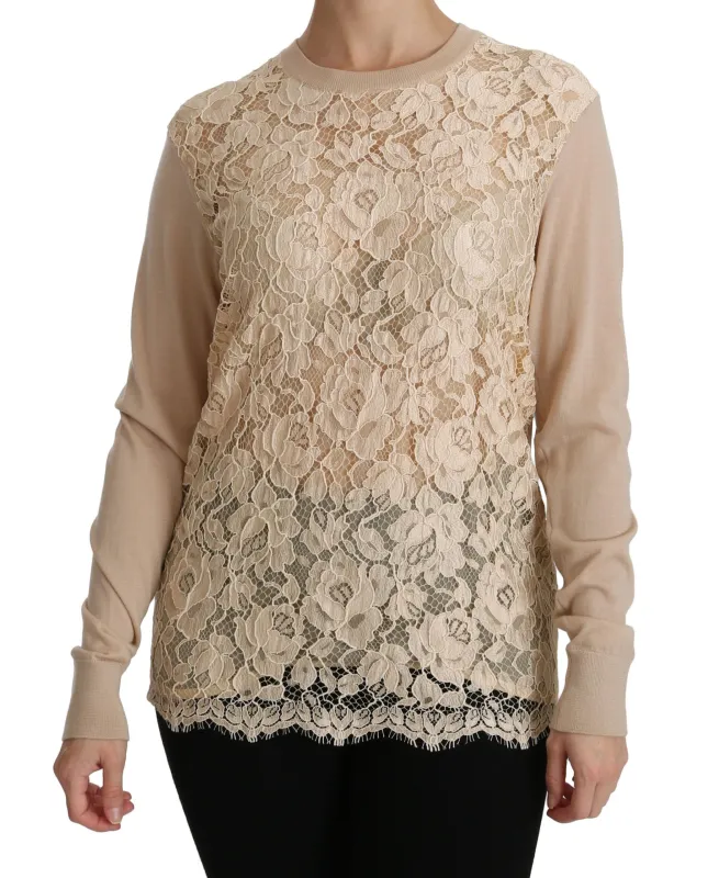 Dolce & Gabbana Beige Lace Long Sleeve Top Cashmere Blouse sold by Siebentaschen