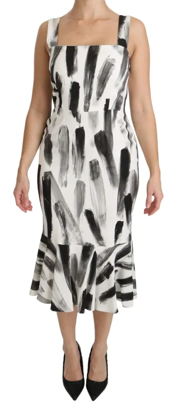 Dolce & Gabbana White Black Printed Sheath Midi Viscose Dress sold by Siebentaschen