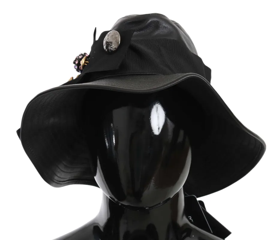 Dolce & Gabbana Black Leather DG Coin Crystal Wide Brim Hat sold by Siebentaschen