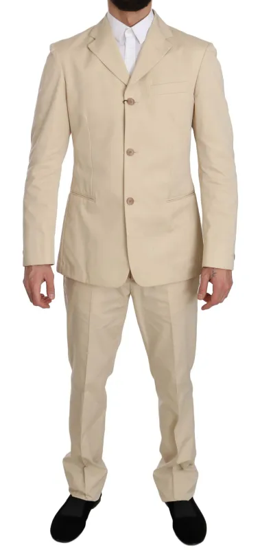 Romeo Gigli Two Piece 3 Button Beige Cotton Solid Suit made by Siebentaschen
