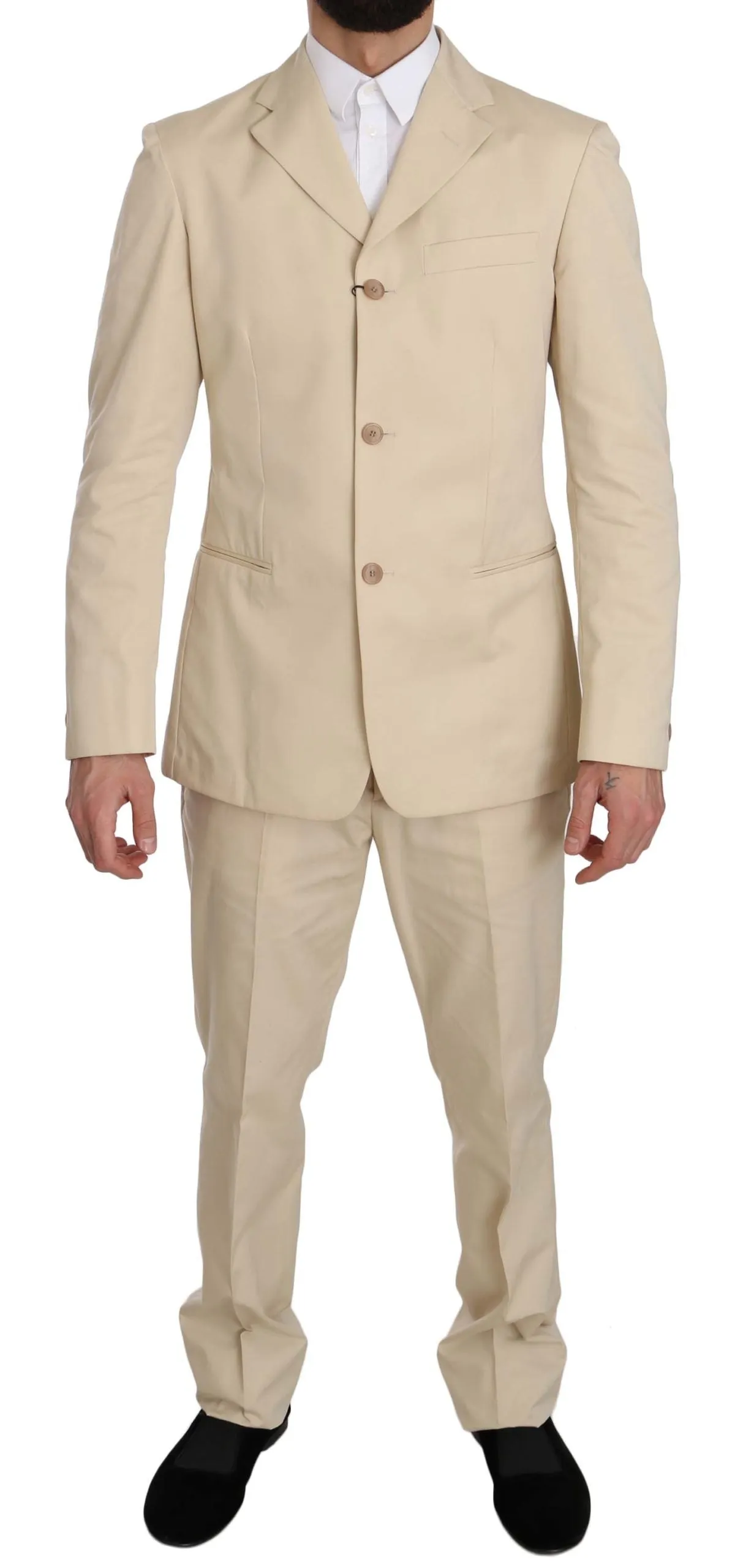 Romeo Gigli Two Piece 3 Button Beige Cotton Solid Suit sold by Siebentaschen
