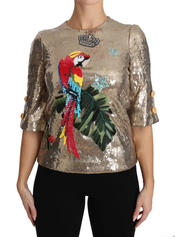 Dolce & Gabbana Gold Sequined Parrot Crystal Blouse sold by Siebentaschen