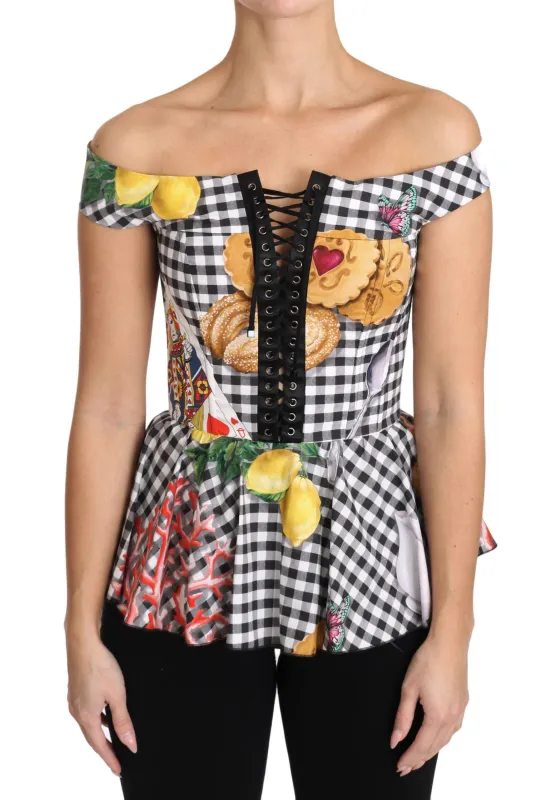 Dolce & Gabbana Black and White Corset Blouse Sicily Lemon Check Top sold by Siebentaschen