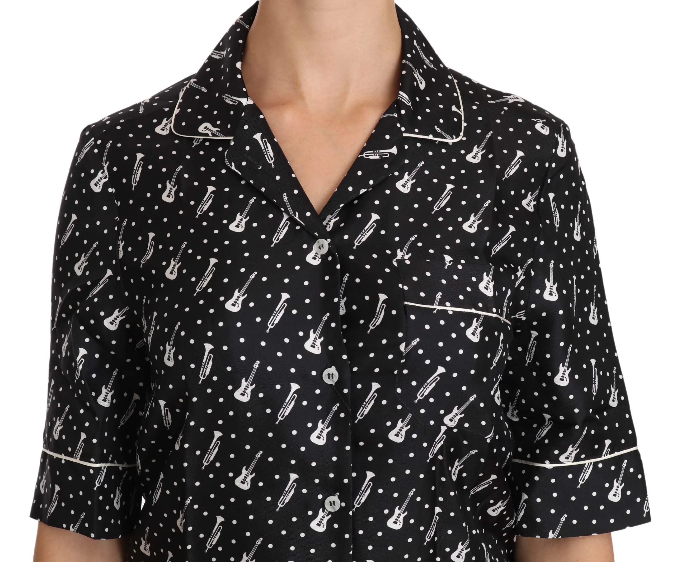 Dolce & Gabbana Black GuitarTrumpet Print Silk Shirt Top sold by Siebentaschen product image thumbnail 4