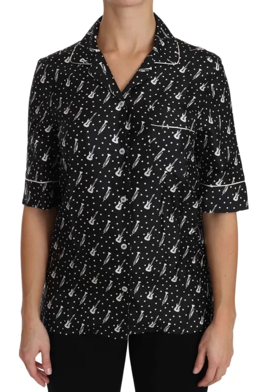 Dolce & Gabbana Black GuitarTrumpet Print Silk Shirt Top sold by Siebentaschen