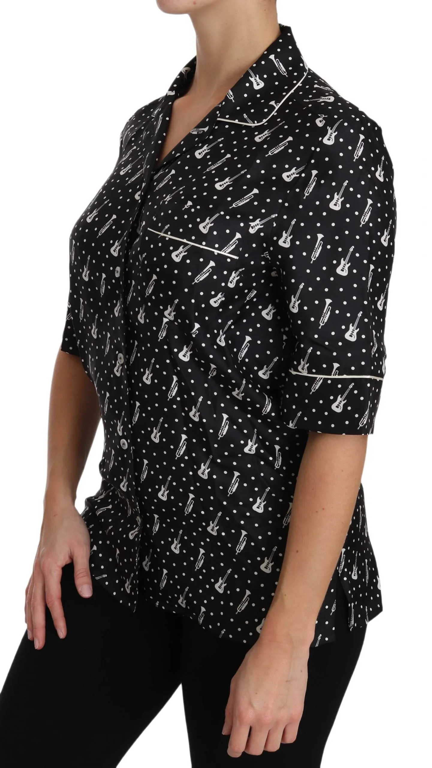 Dolce & Gabbana Black GuitarTrumpet Print Silk Shirt Top sold by Siebentaschen product image thumbnail 2