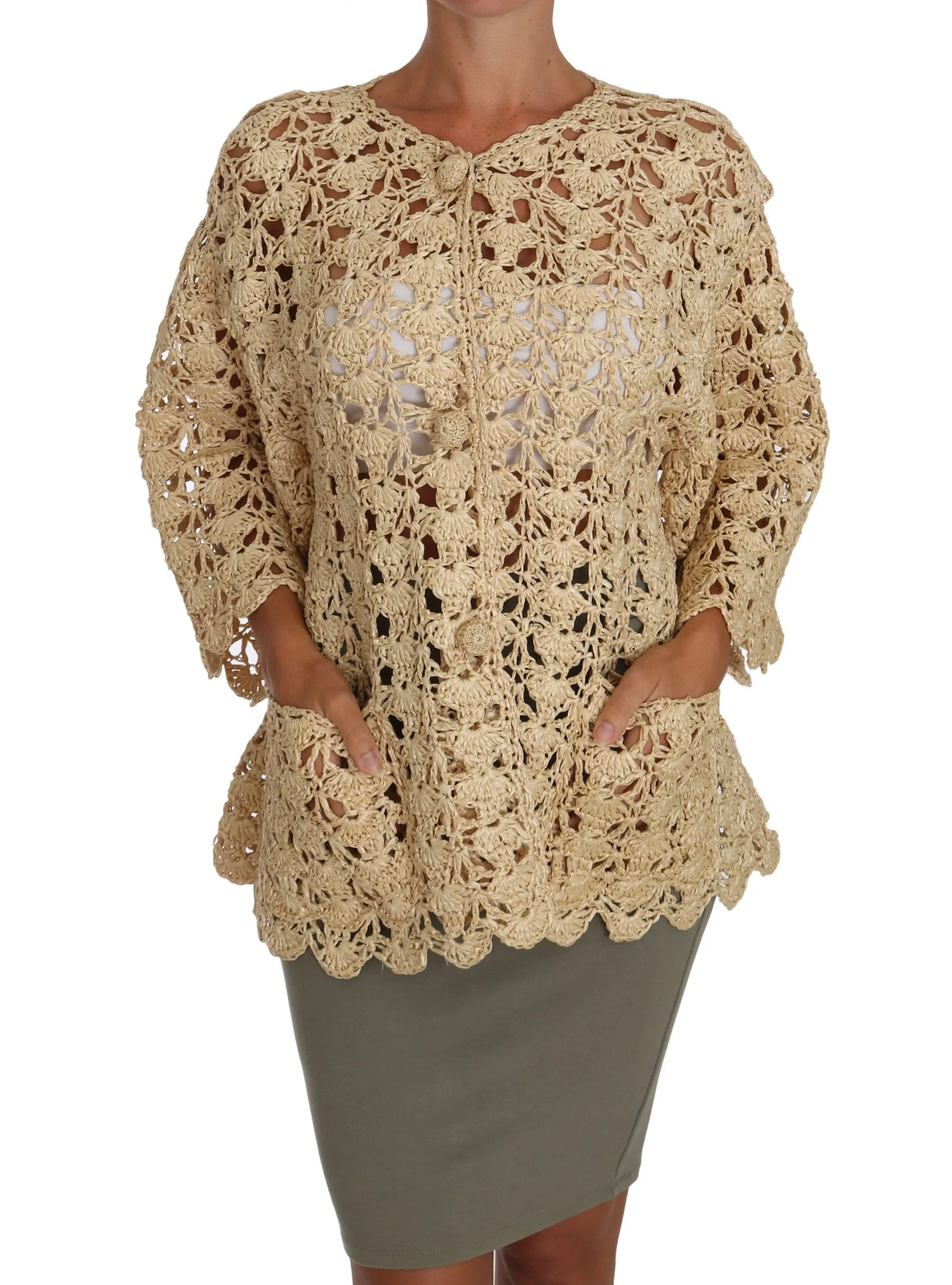 Dolce & Gabbana Beige Cardigan Crochet Knitted Raffia Sweater sold by Siebentaschen