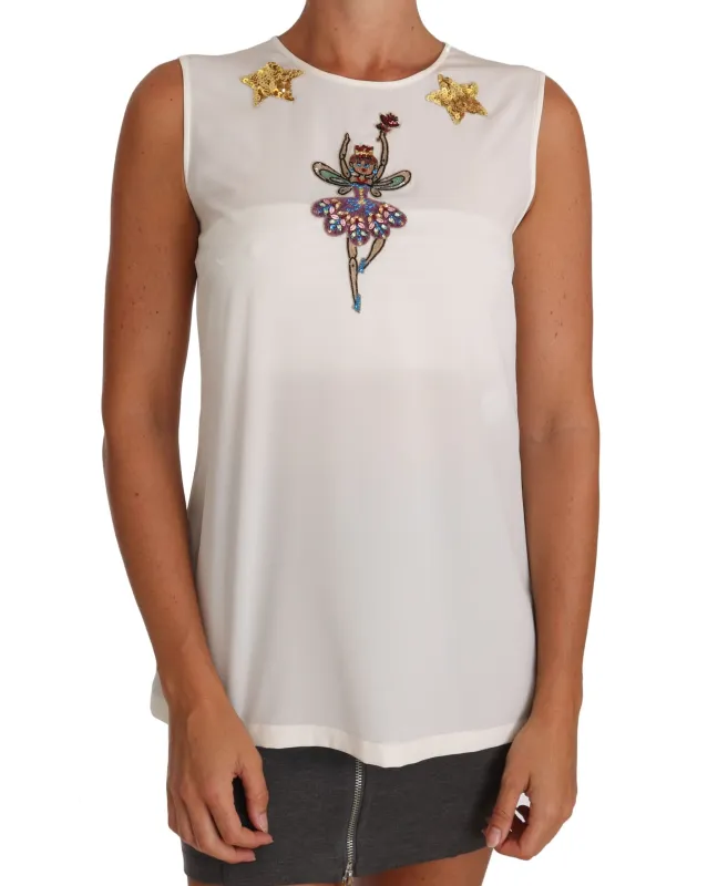 Dolce & Gabbana White Silk Embellished Crystal Sequin Fairy Top sold by Siebentaschen