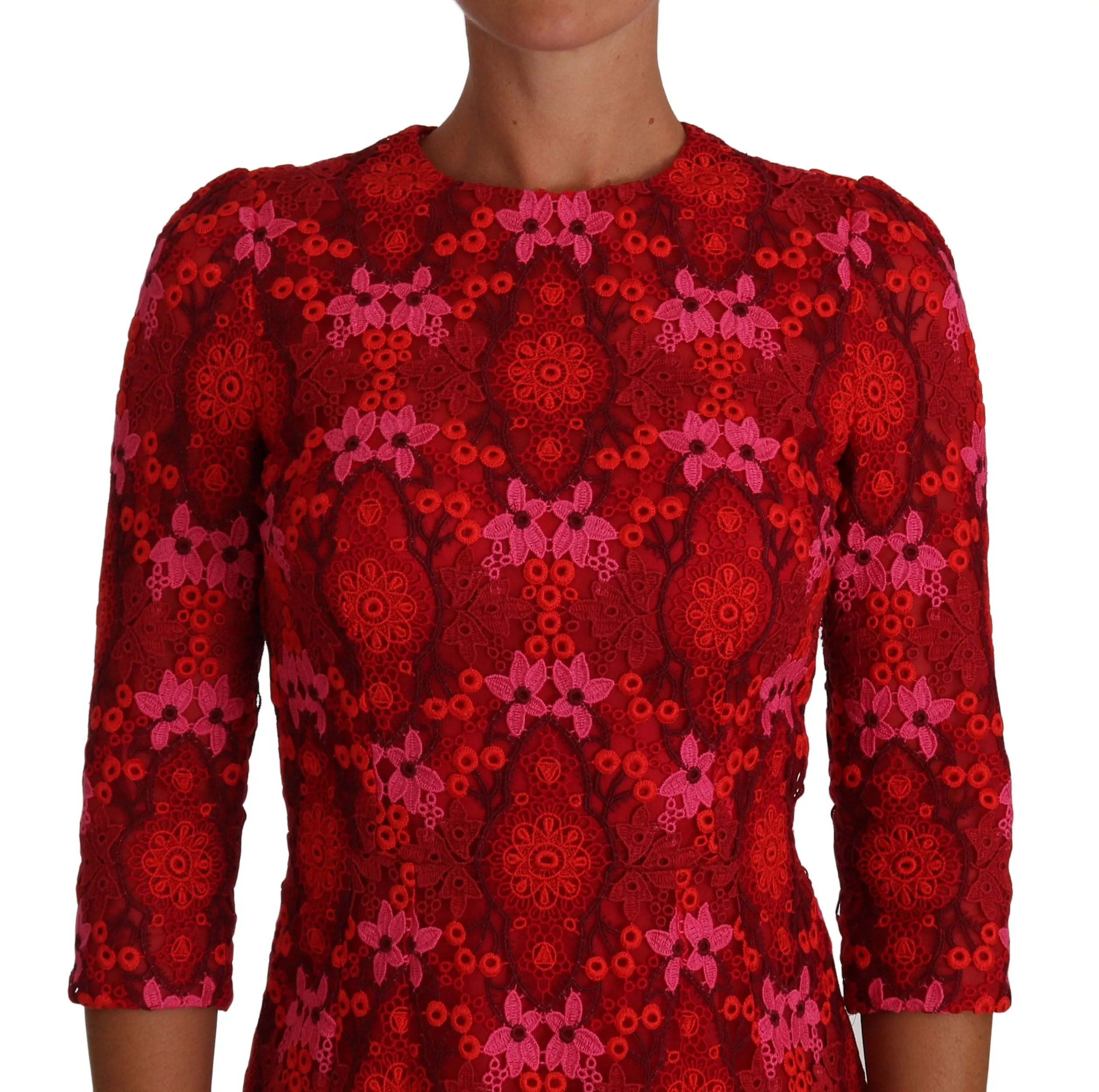 Dolce & Gabbana Floral Crochet Lace Red Pink Sheath Dress sold by Siebentaschen product image thumbnail 4