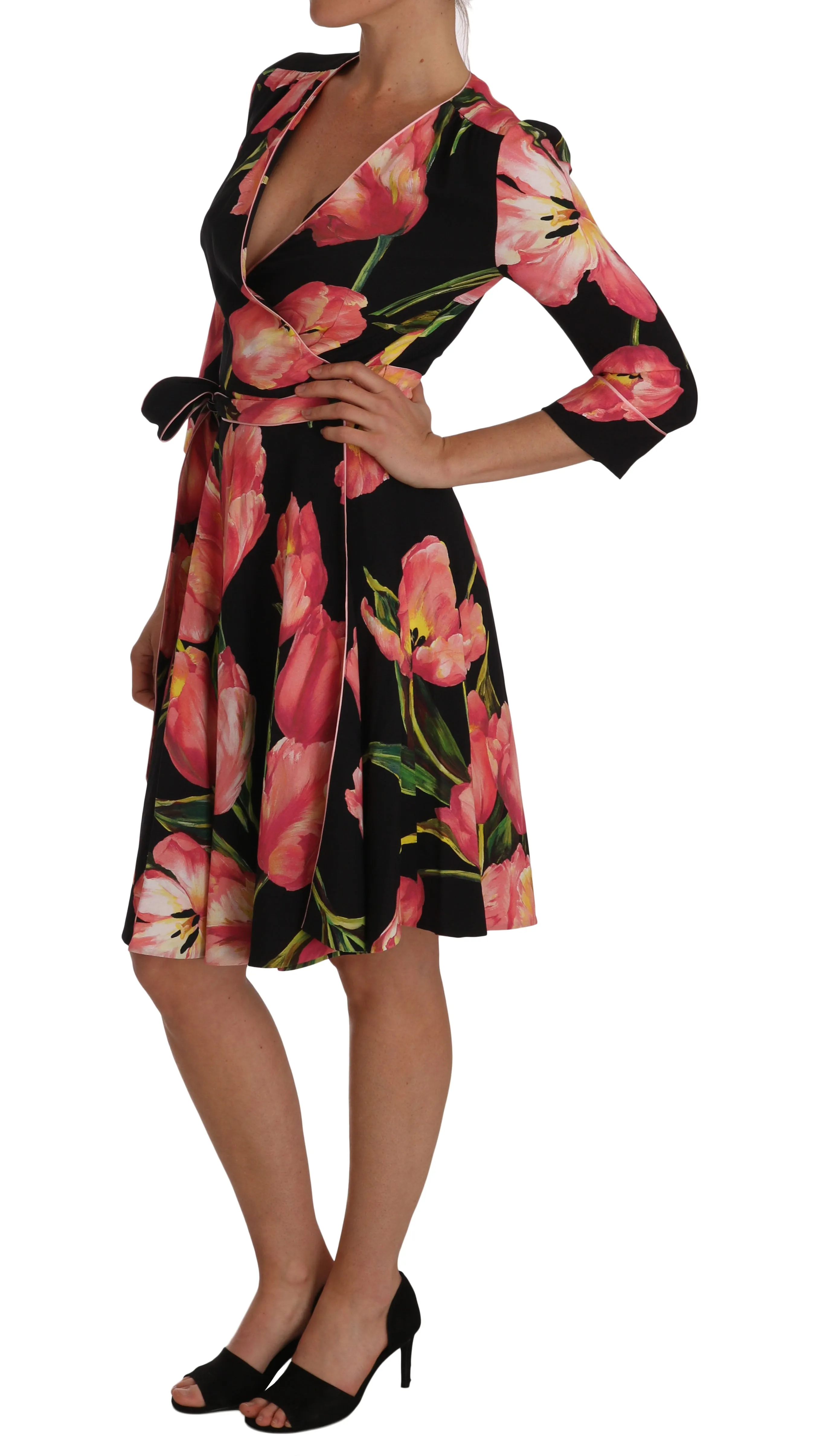 Dolce & Gabbana Black Pink Tulip Print Stretch Shift Dress sold by Siebentaschen product image thumbnail 4