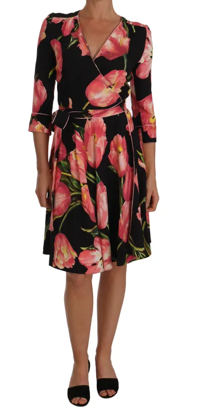 Dolce & Gabbana Black Pink Tulip Print Stretch Shift Dress sold by Siebentaschen