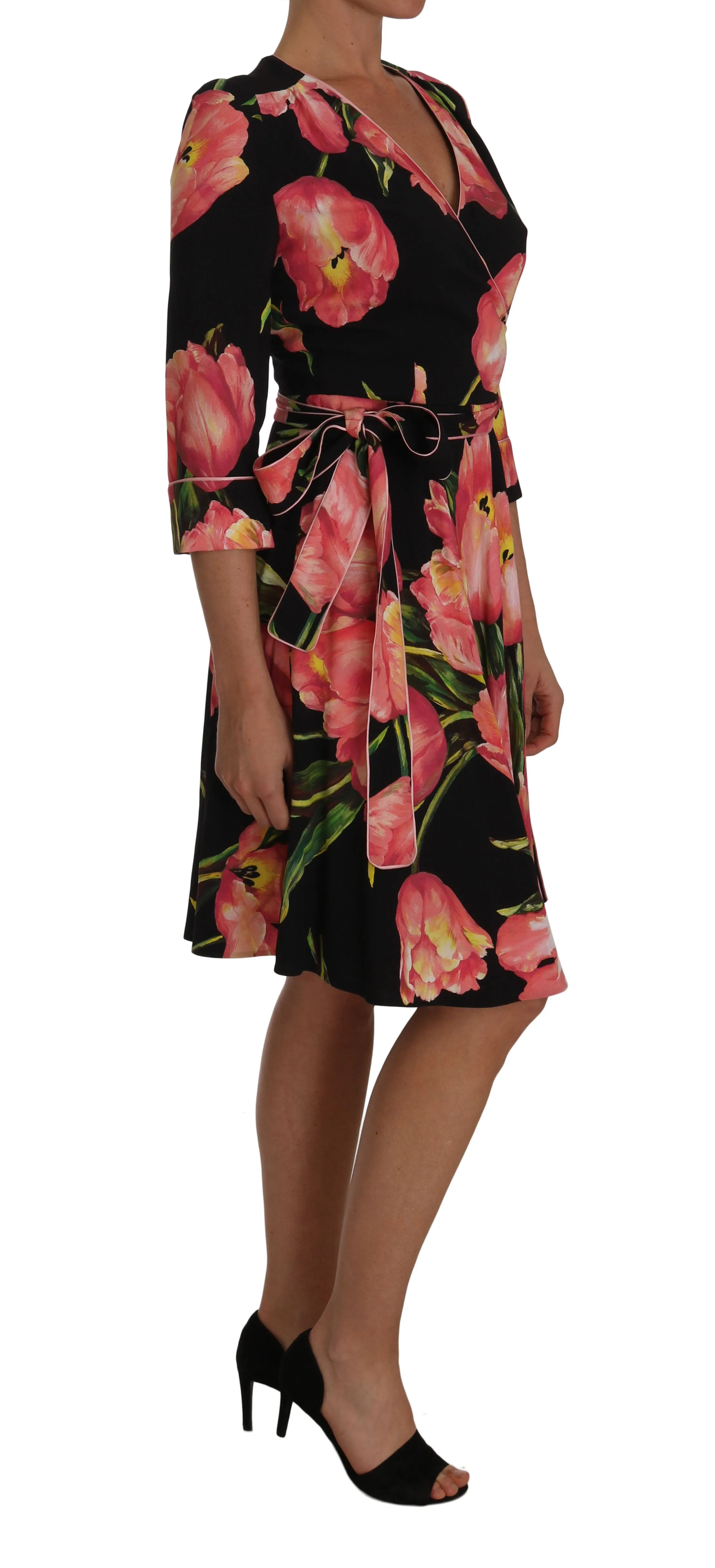 Dolce & Gabbana Black Pink Tulip Print Stretch Shift Dress sold by Siebentaschen product image thumbnail 2