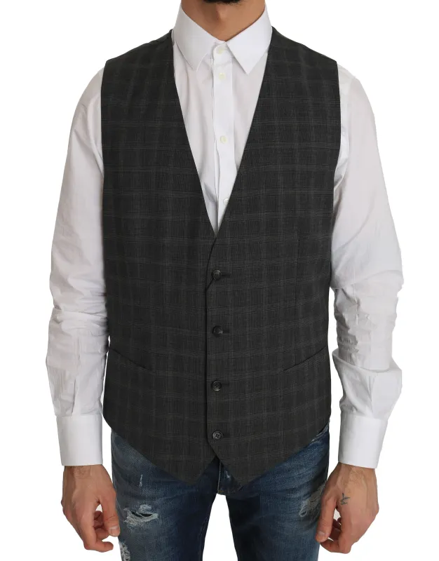 Dolce & Gabbana Gray Wool STAFF Checkered Stretch Vest sold by Siebentaschen