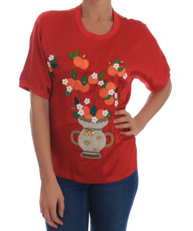 Dolce & Gabbana Red Silk Oranges Floral Crystal Blouse sold by Siebentaschen