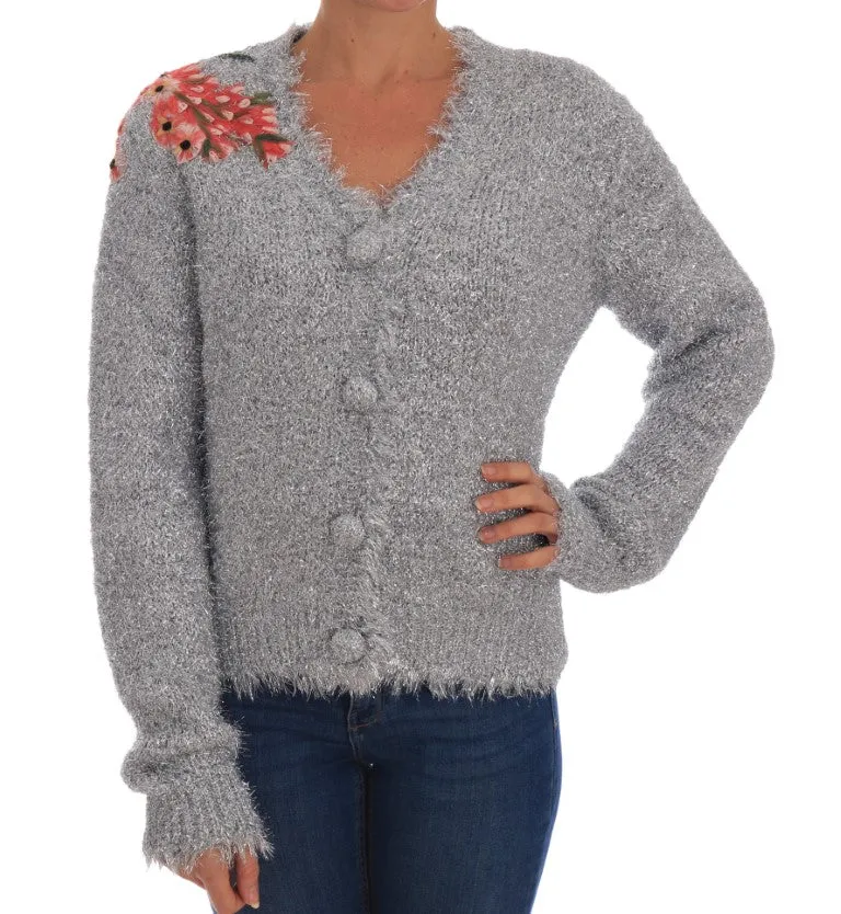 Dolce & Gabbana Silver Cardigan Floral Applique Sweater sold by Siebentaschen