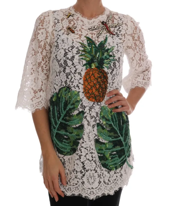 Dolce & Gabbana White Crystal Embellished Lace Blouse sold by Siebentaschen