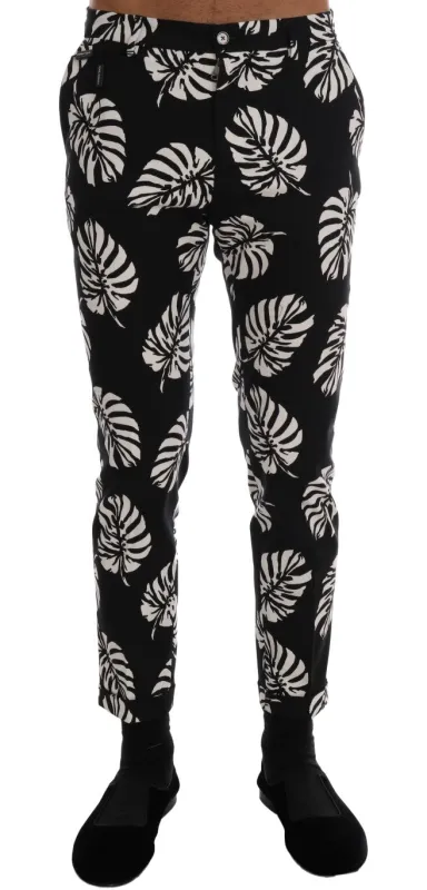 Dolce & Gabbana White Black Leaf Cotton Stretch Slim Pants sold by Siebentaschen