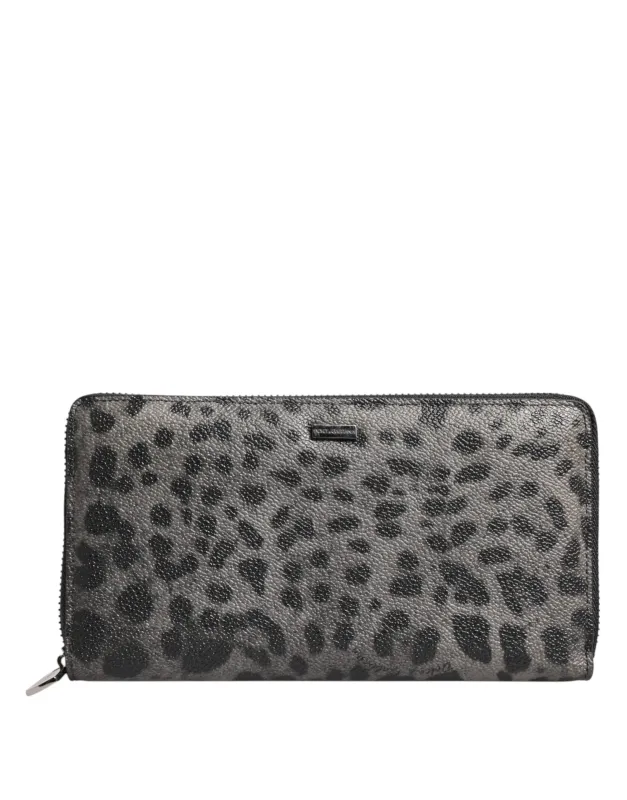 Dolce & Gabbana Black Gray Leopard Leather Zip Around Continental Wallet sold by Siebentaschen