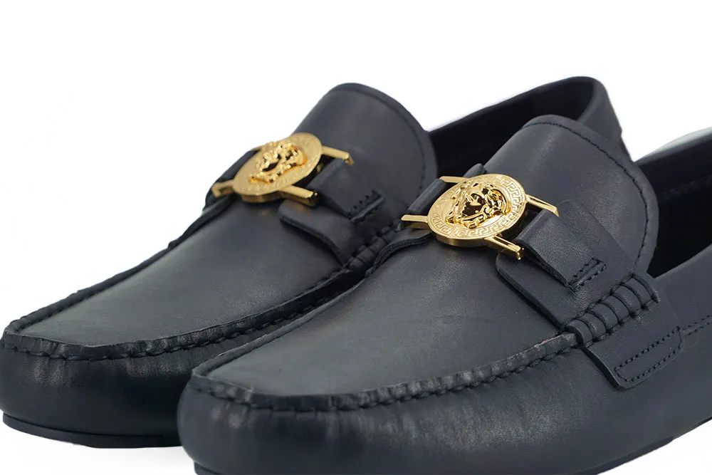 Versace Elegant Navy Blue Calf Leather Loafers sold by Siebentaschen product image thumbnail 4