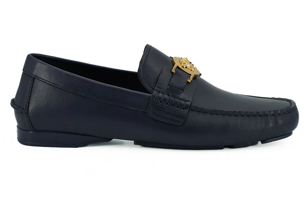Versace Elegant Navy Blue Calf Leather Loafers sold by Siebentaschen
