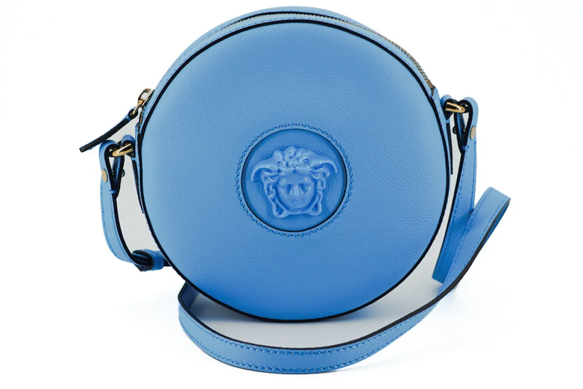 Versace Chic Blue Leather Round Shoulder Bag sold by Siebentaschen