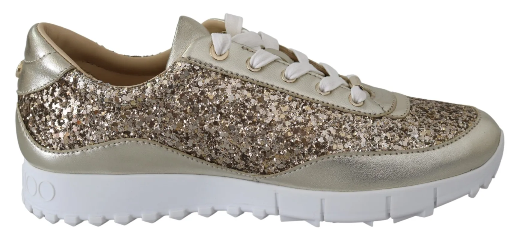 Jimmy Choo Antique Gold Glitter Leather Sneakers sold by Siebentaschen