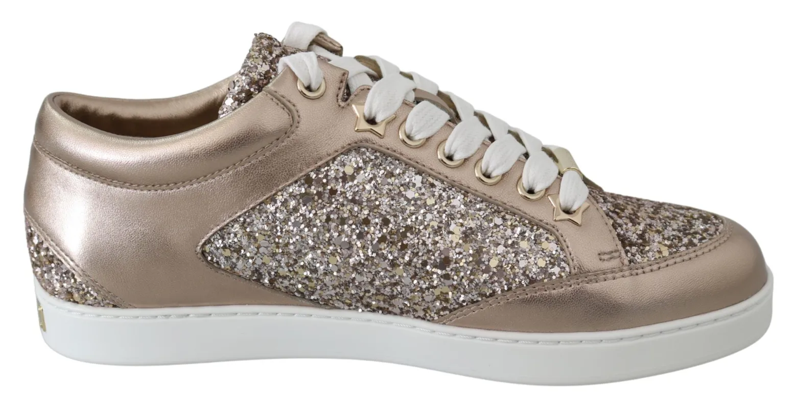 Jimmy Choo Ballet Pink Glitter Leather Sneakers sold by Siebentaschen