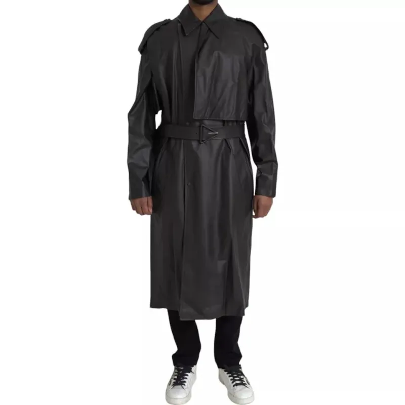 Bottega Veneta Men Black Leather Waterproof Trenchcoat Jacket sold by Siebentaschen