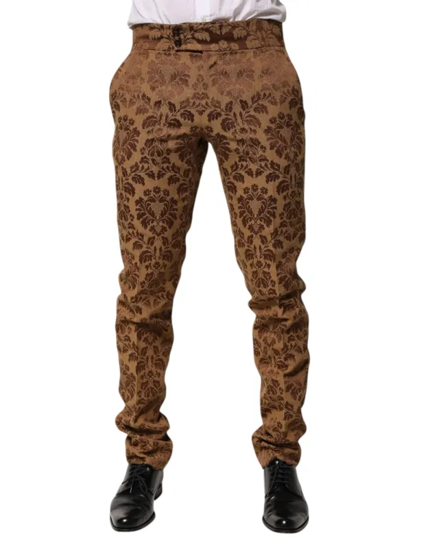 Dolce & Gabbana Brown Floral Jacquard Men Skinny Trouser Pants sold by Siebentaschen