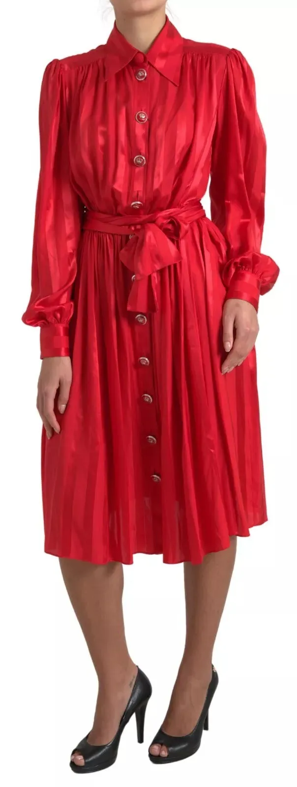 Dolce & Gabbana Red Button Down Belted Midi Satin Silk Dress sold by Siebentaschen
