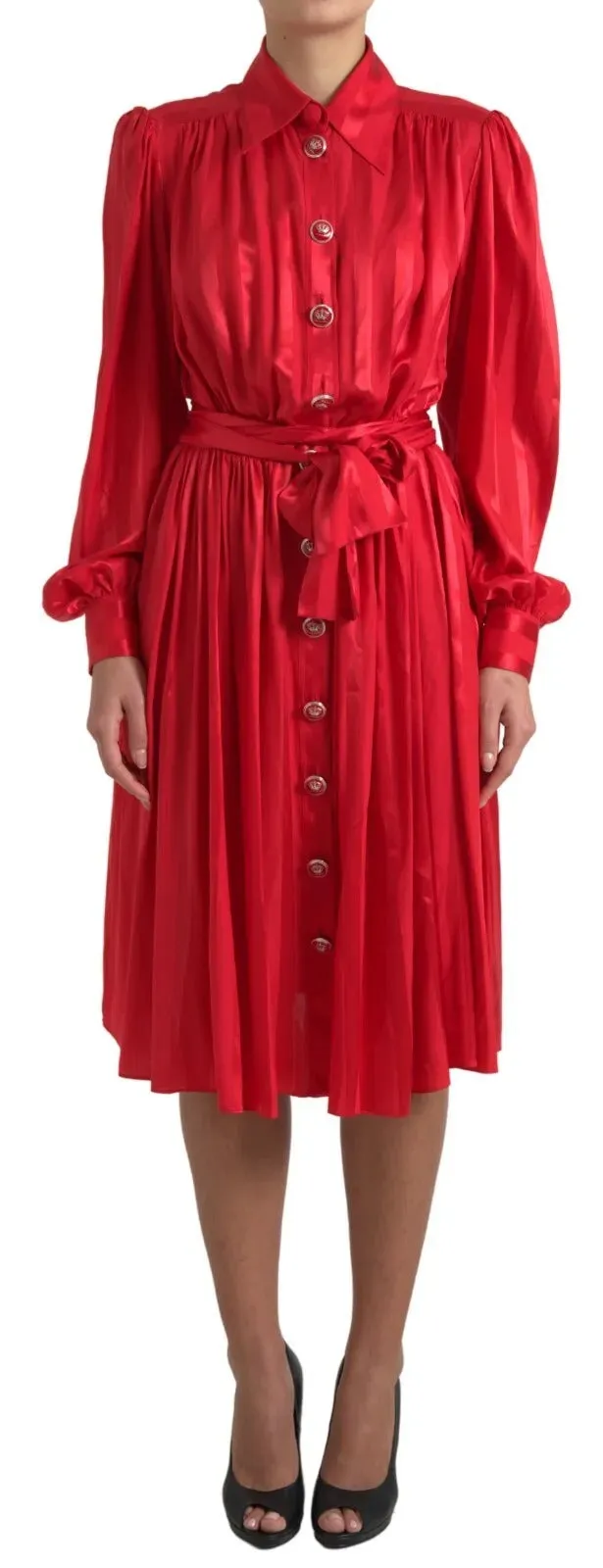 Dolce & Gabbana Red Button Down Belted Midi Satin Silk Dress sold by Siebentaschen product image thumbnail 3
