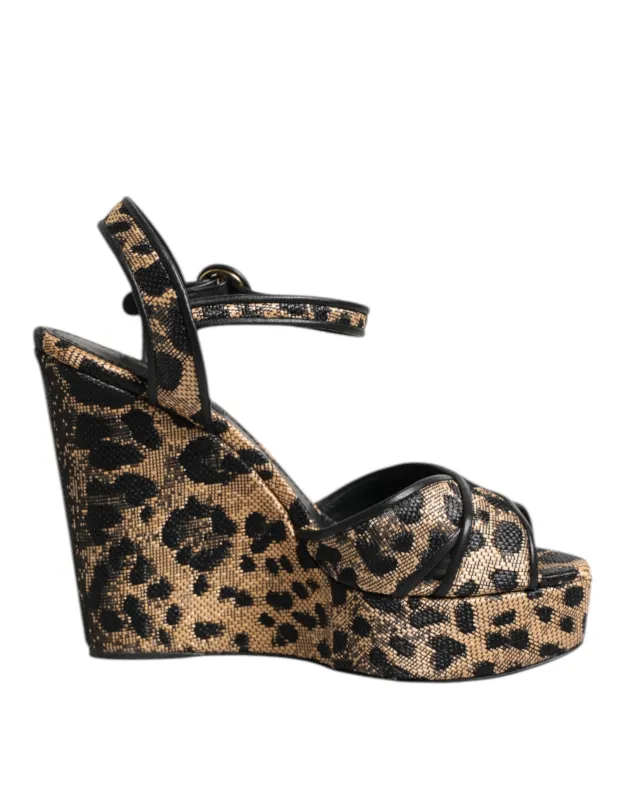 Dolce & Gabbana Brown Leopard Wedges Ankle Strap Sandals Shoes sold by Siebentaschen