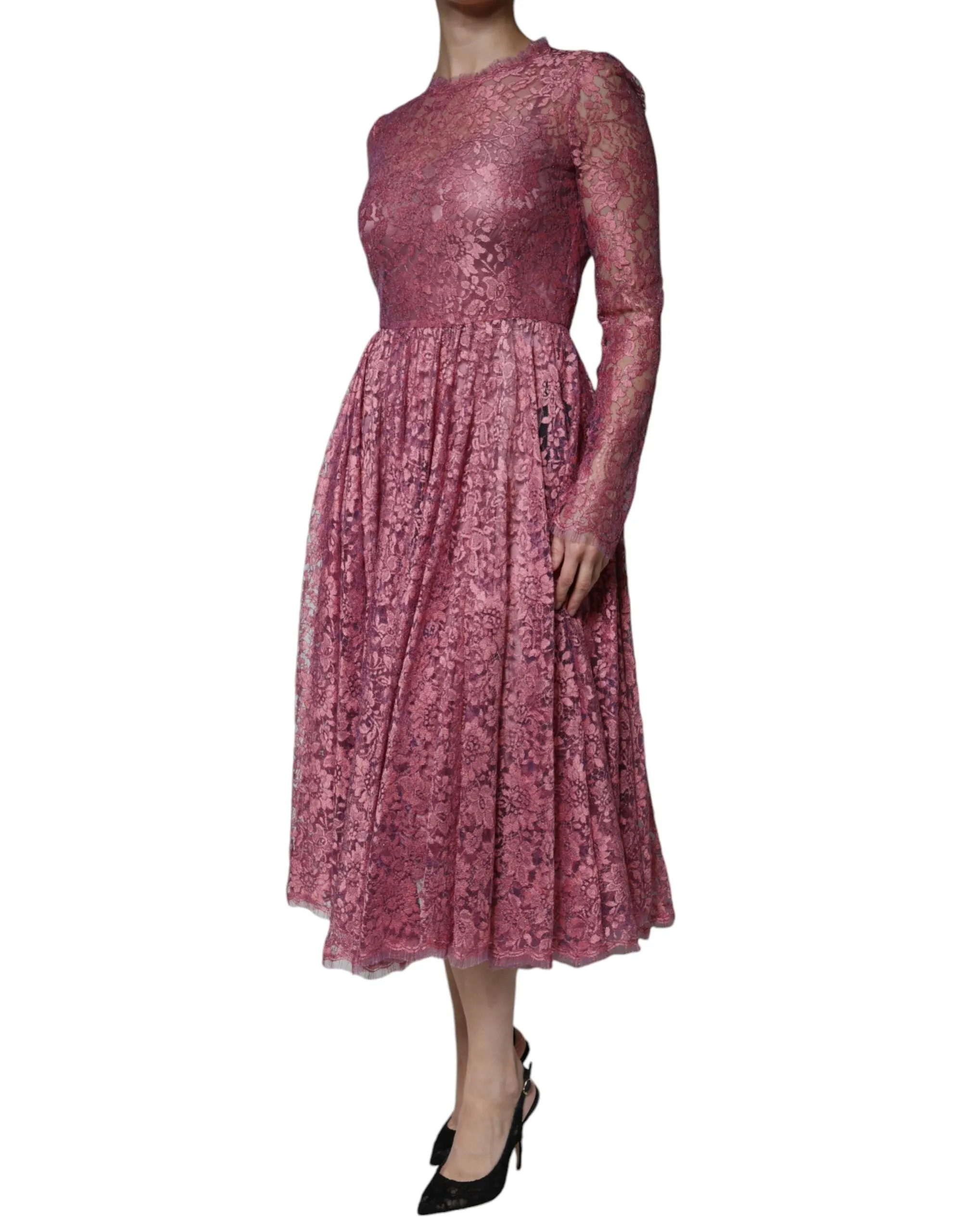 Dolce & Gabbana Pink Floral Lace Long Sleeve Midi Dress sold by Siebentaschen product image thumbnail 5