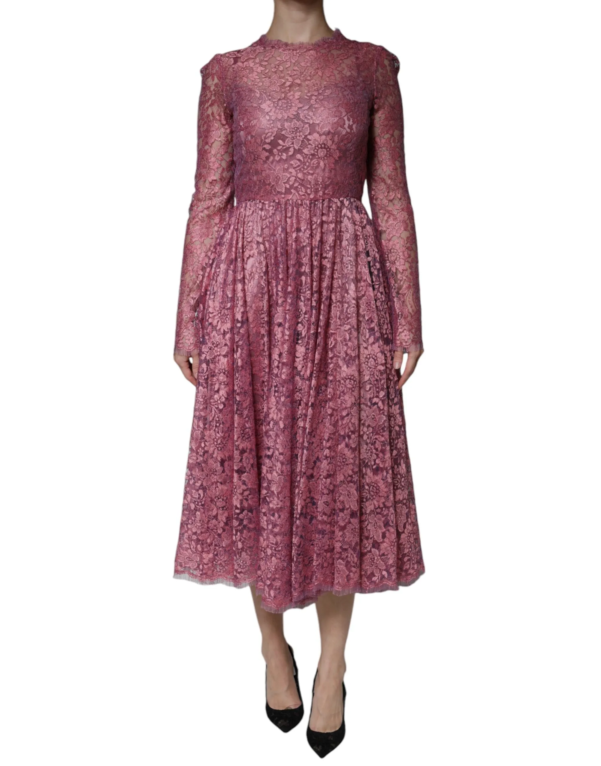Dolce & Gabbana Pink Floral Lace Long Sleeve Midi Dress sold by Siebentaschen