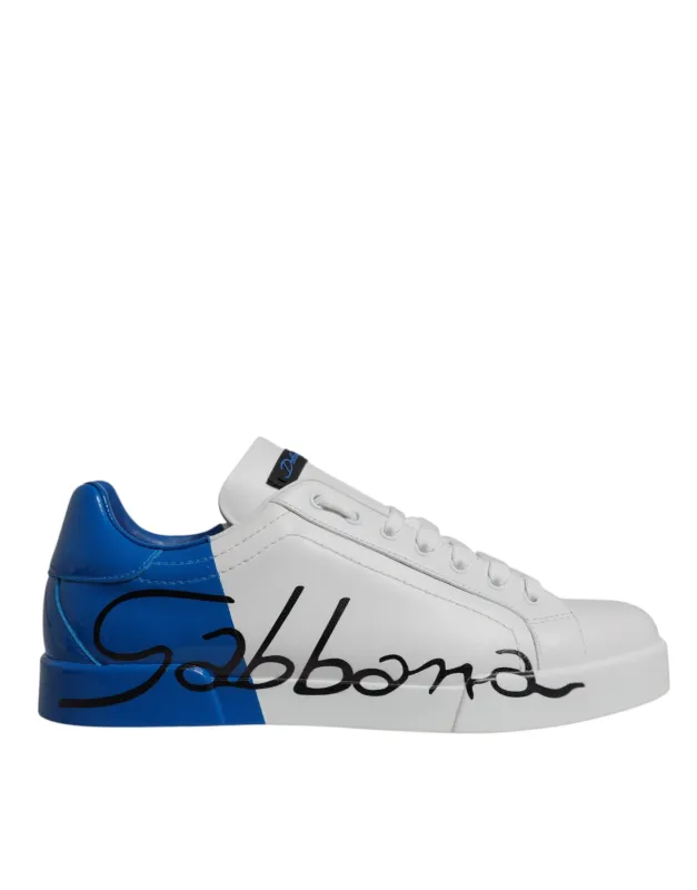 Dolce & Gabbana White Blue Leather Logo Low Top Sneakers Shoes sold by Siebentaschen