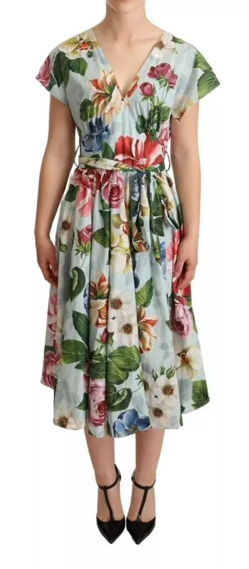 Dolce & Gabbana Green Floral Short Sleeves Cotton V-neck Dress sold by Siebentaschen