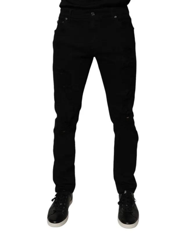Dolce & Gabbana Black Tattered Cotton Skinny Men Denim Jeans made by Siebentaschen