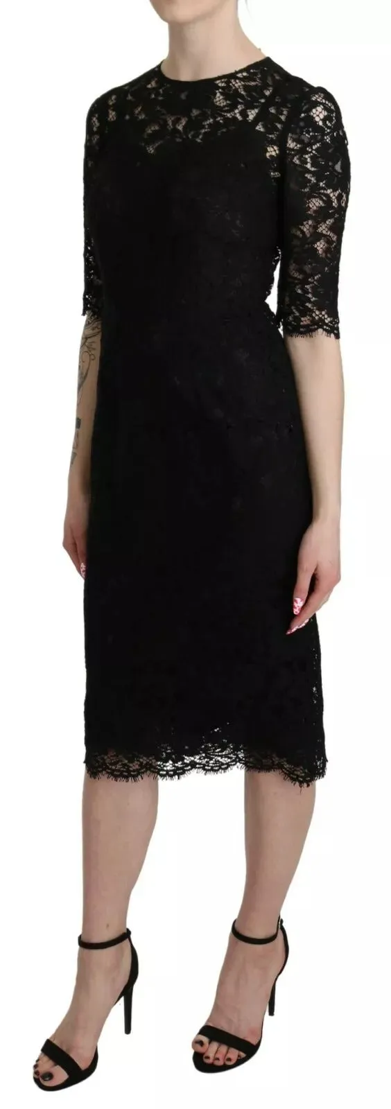 Dolce & Gabbana Black Floral Lace Sheath Knee Length Dress sold by Siebentaschen product image thumbnail 3