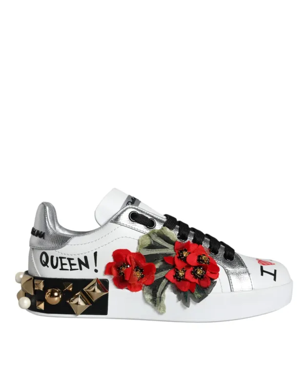 Dolce & Gabbana White Leather Floral Studded Sneakers Shoes sold by Siebentaschen