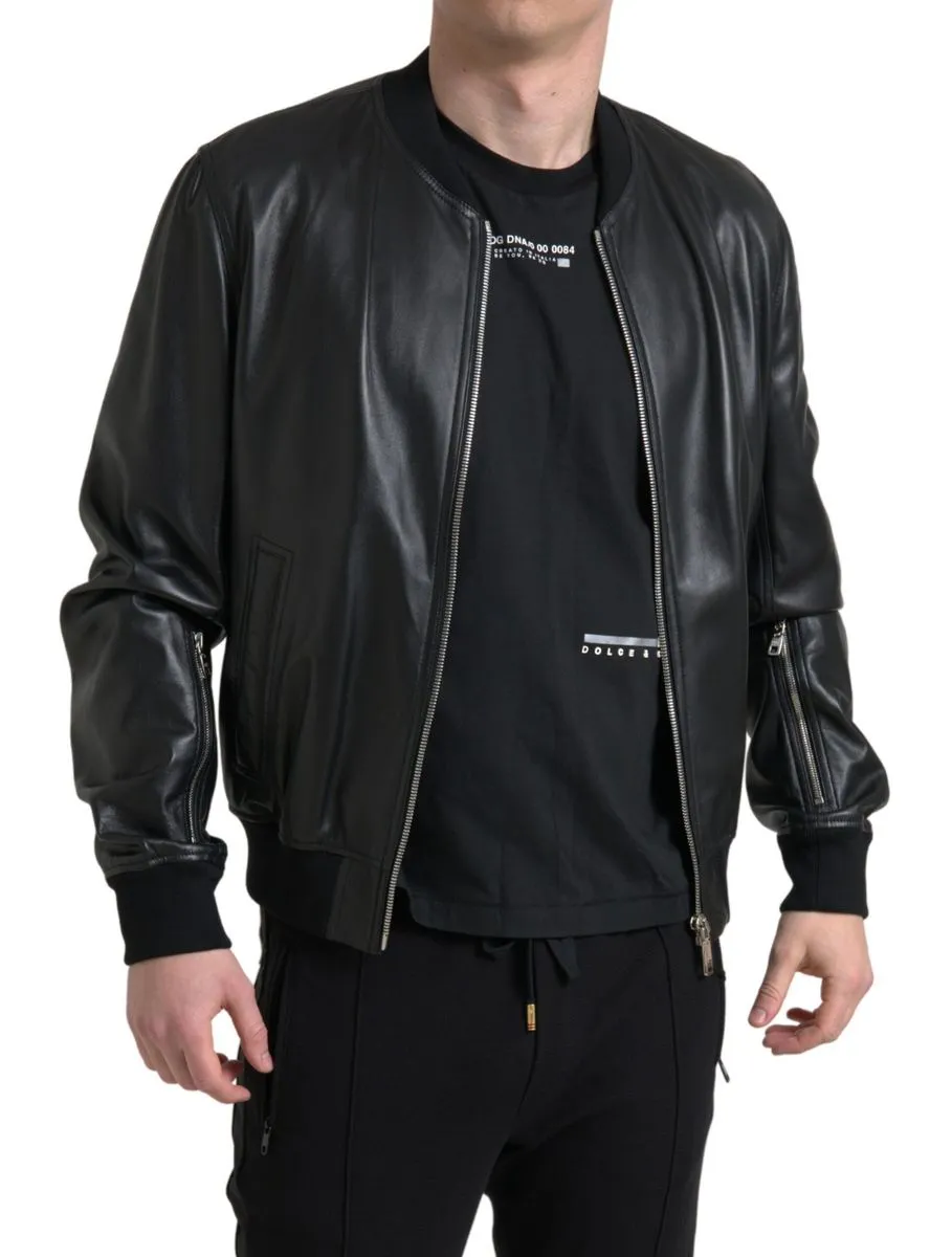 Dolce & Gabbana Black Leather Full Zip Bomber Men Jacket sold by Siebentaschen product image thumbnail 4