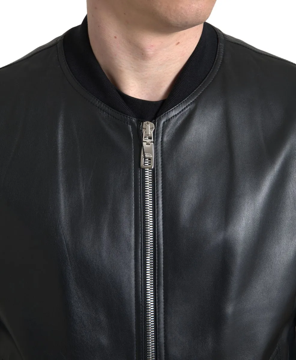 Dolce & Gabbana Black Leather Full Zip Bomber Men Jacket sold by Siebentaschen product image thumbnail 2