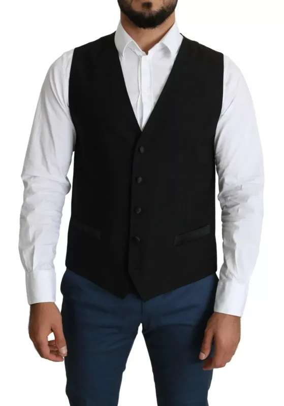 Dolce & Gabbana Black Wool Men Formal Waistcoat Vest sold by Siebentaschen