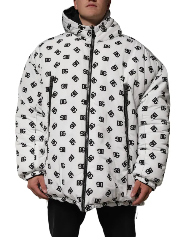 Dolce & Gabbana White DG Monogram Hooded Puffer Jacket sold by Siebentaschen