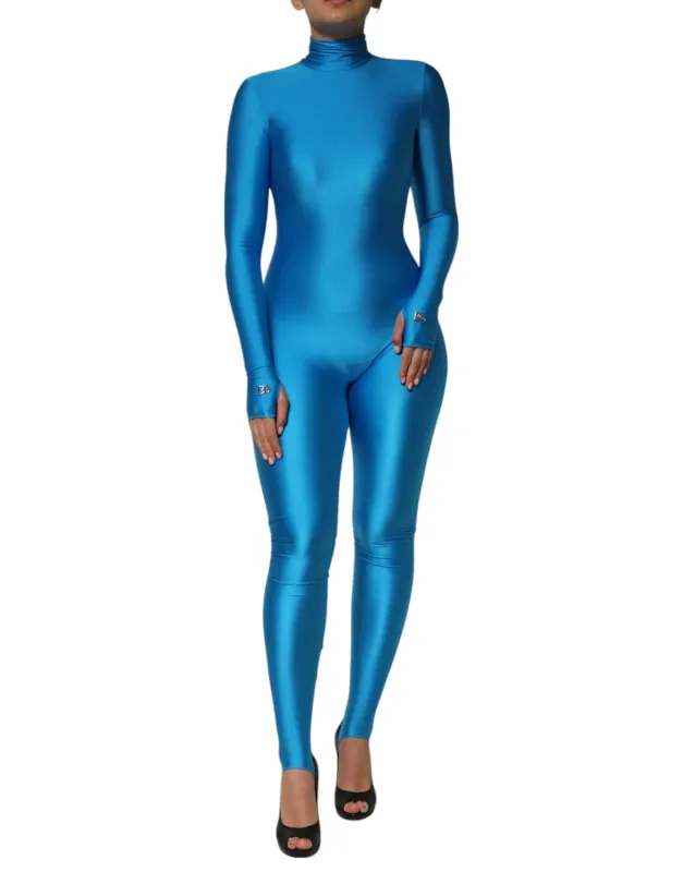 Dolce & Gabbana Blue Nylon Turtleneck Bodycon Jumpsuit Dress sold by Siebentaschen