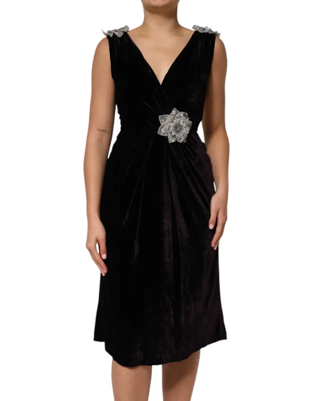 Dolce & Gabbana Black Velvet Flower Embellishment Aline Dress sold by Siebentaschen
