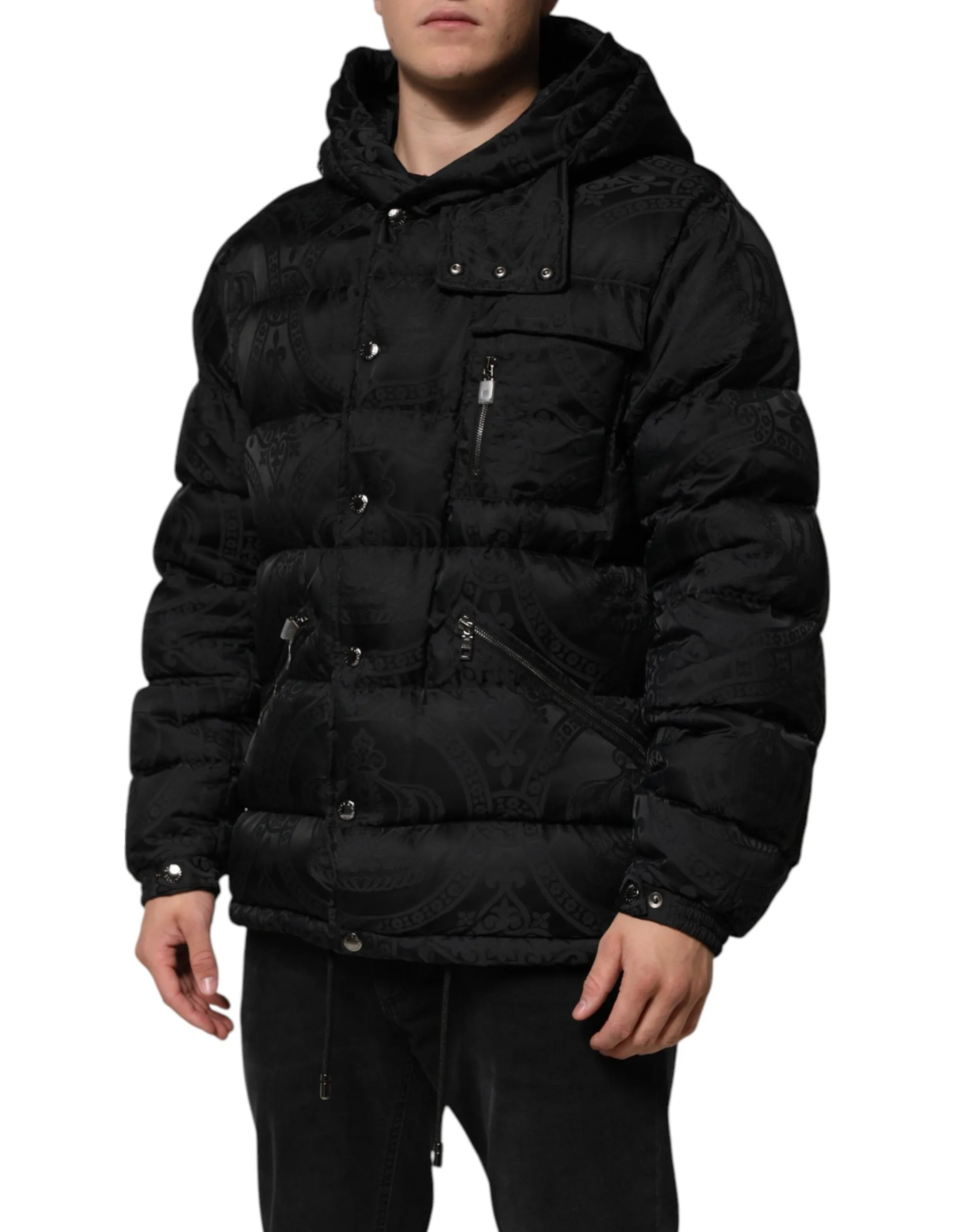 Dolce & Gabbana Black Jacquard Quilted Puffer Hooded Jacket sold by Siebentaschen product image thumbnail 3