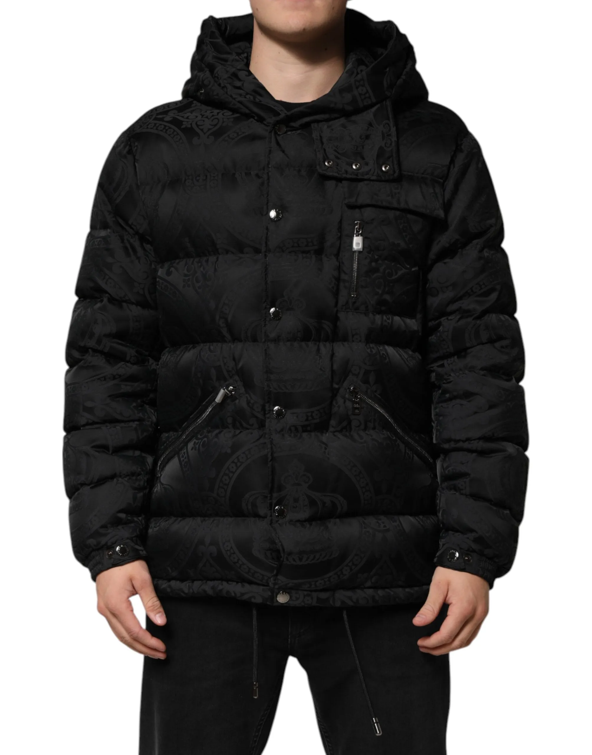 Dolce & Gabbana Black Jacquard Quilted Puffer Hooded Jacket sold by Siebentaschen