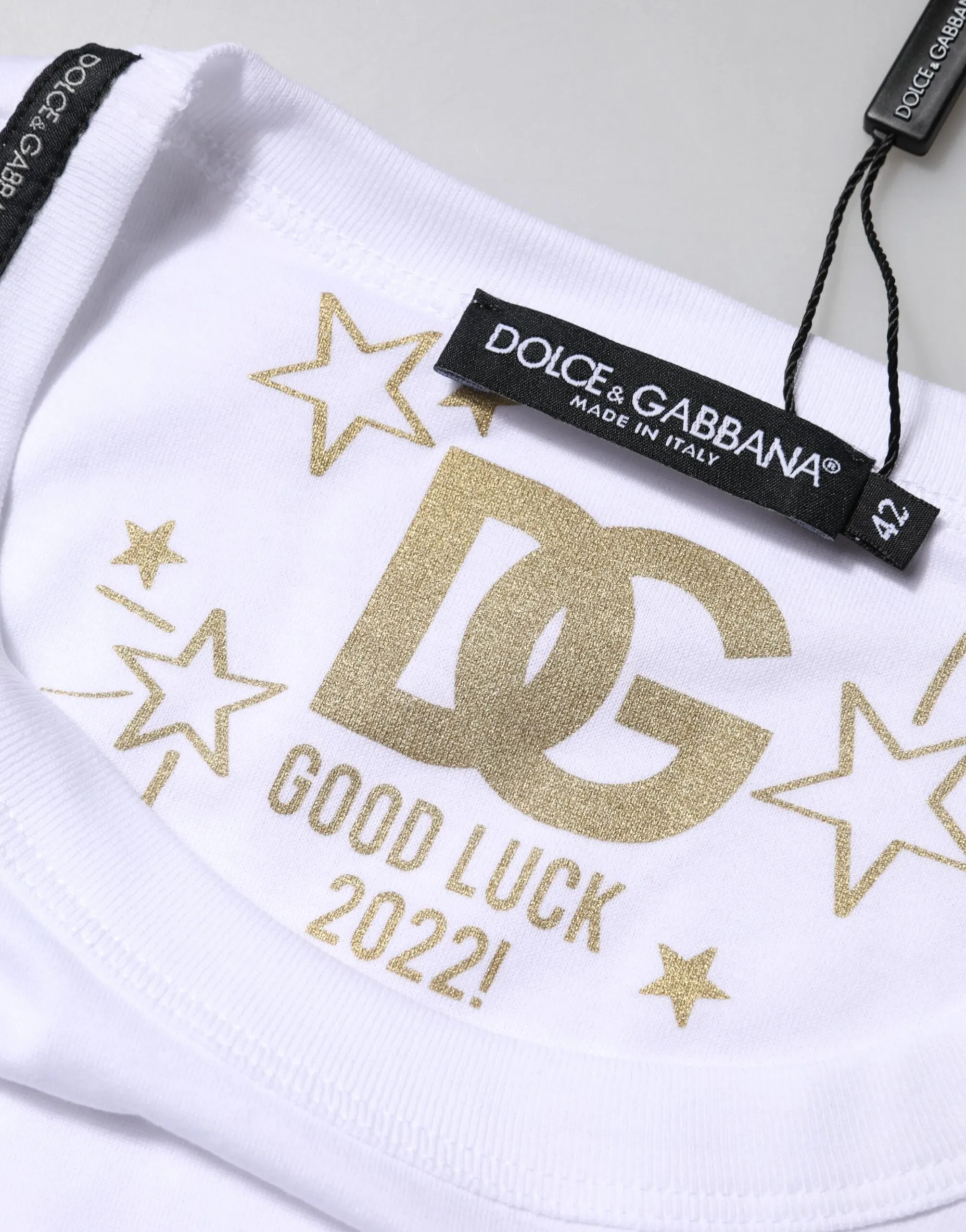 Dolce & Gabbana White Cotton Goodluck 2022 Crew Neck T-shirt sold by Siebentaschen product image thumbnail 5