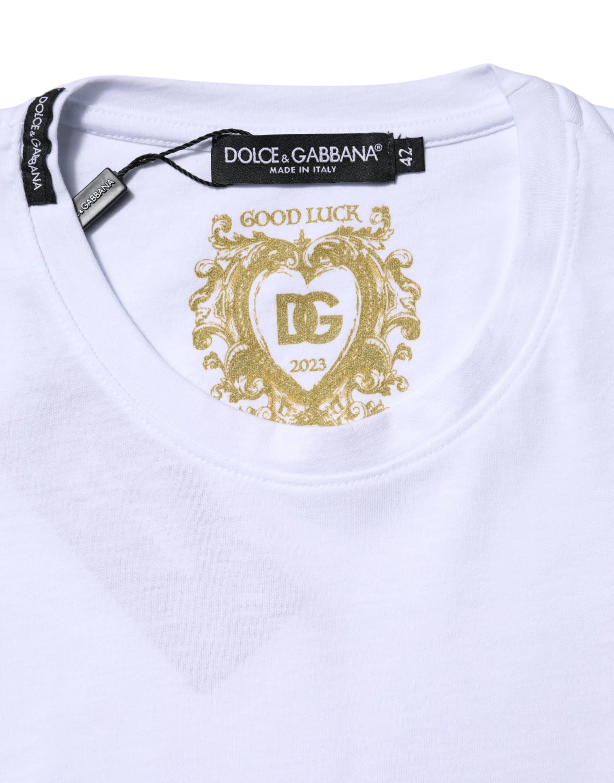Dolce & Gabbana White Cotton Goodluck 2023 Crew Neck T-shirt sold by Siebentaschen product image thumbnail 4