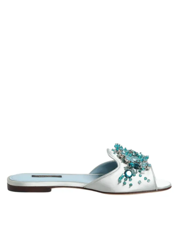 Dolce & Gabbana Silver Blue Leather Bead Embellish Slide Shoes sold by Siebentaschen